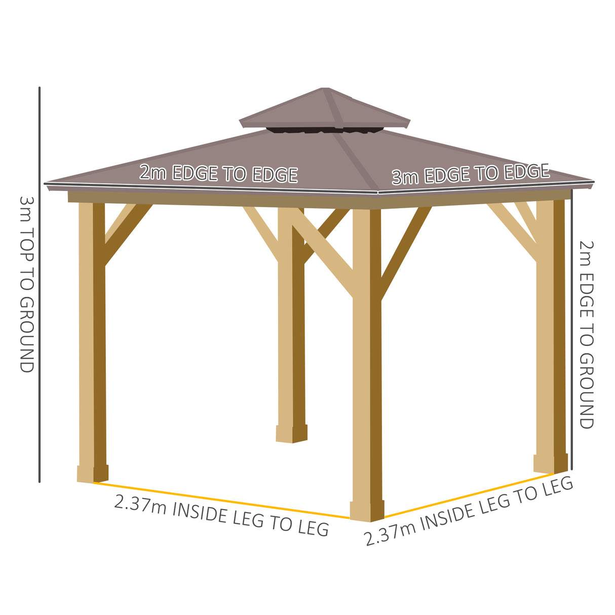 Outsunny 3x(3)M Outdoor Hardtop Gazebo Canopy with 2-Tier Roof and Solid Wood Frame, Outdoor Patio Shelter for Patio, Garden, Brown