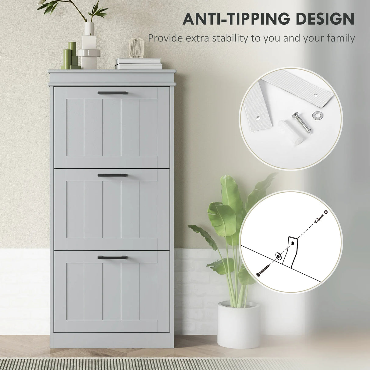 HOMCOM Three-Drawer Minimalistic Shoe Cabinet - Grey