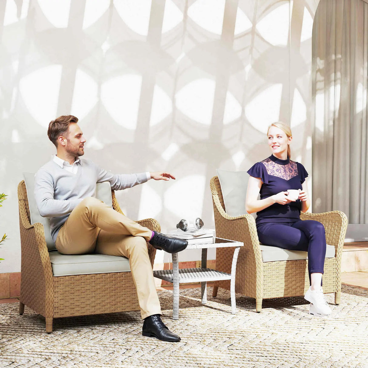 Outsunny Rattan Garden Chairs Set of 2, Outdoor Rattan Chairs with Cushions, Armrests and High Back, PE Wicker Garden Armchair with Steel Frame for Balcony, Porch, Beige