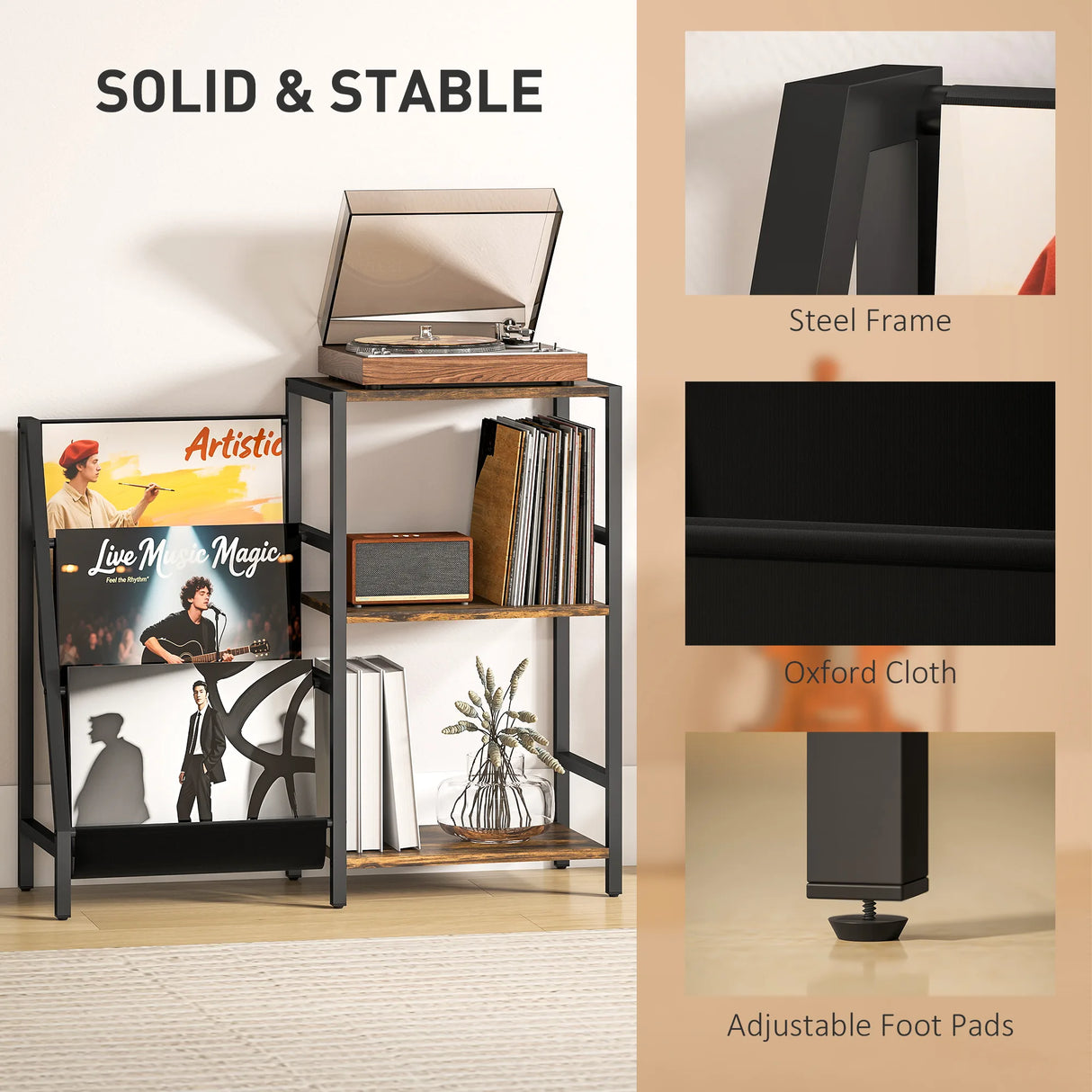 HOMCOM 3-Tier Record Player Stand, End Table for Living Room, Bedroom - Rustic Brown