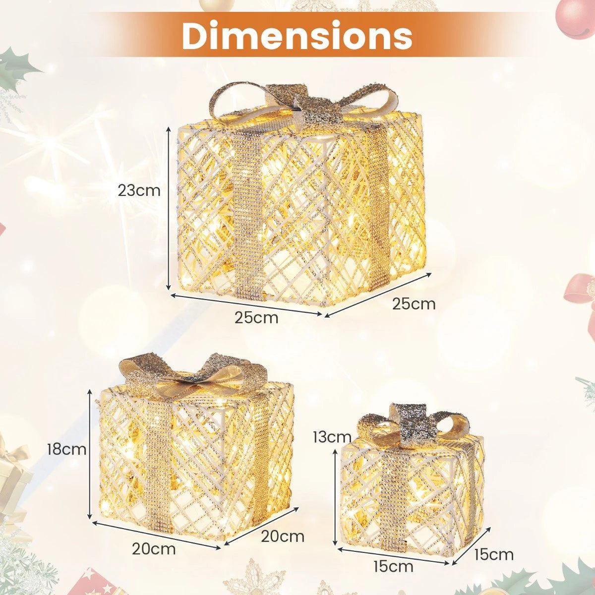 Set of 3 Christmas Lighted Gift Boxes with Bows and Ground Stakes