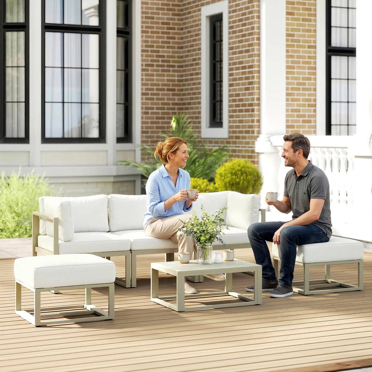 Outsunny Garden Daybed, 6 Piece Outdoor Sectional Sofa Set, Aluminium Patio Conversation Furniture Set with Coffee Table