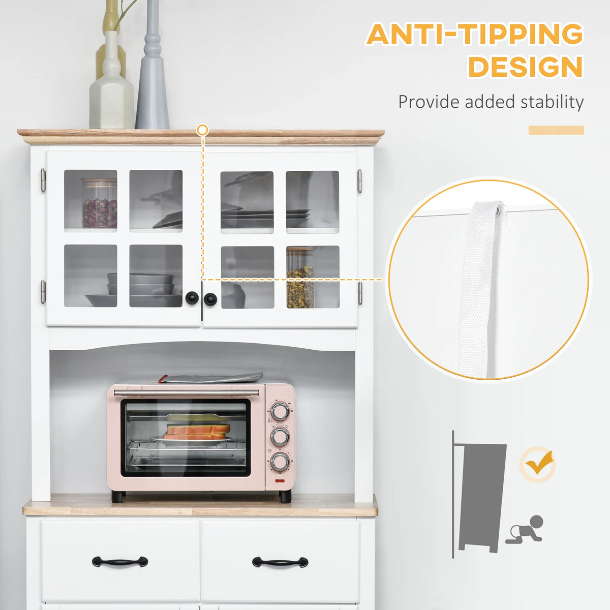 HOMCOM Freestanding Kitchen Cupboard, Kitchen Storage Cabinet with Framed Glass Doors, 2 Drawers, Microwave Counter, White