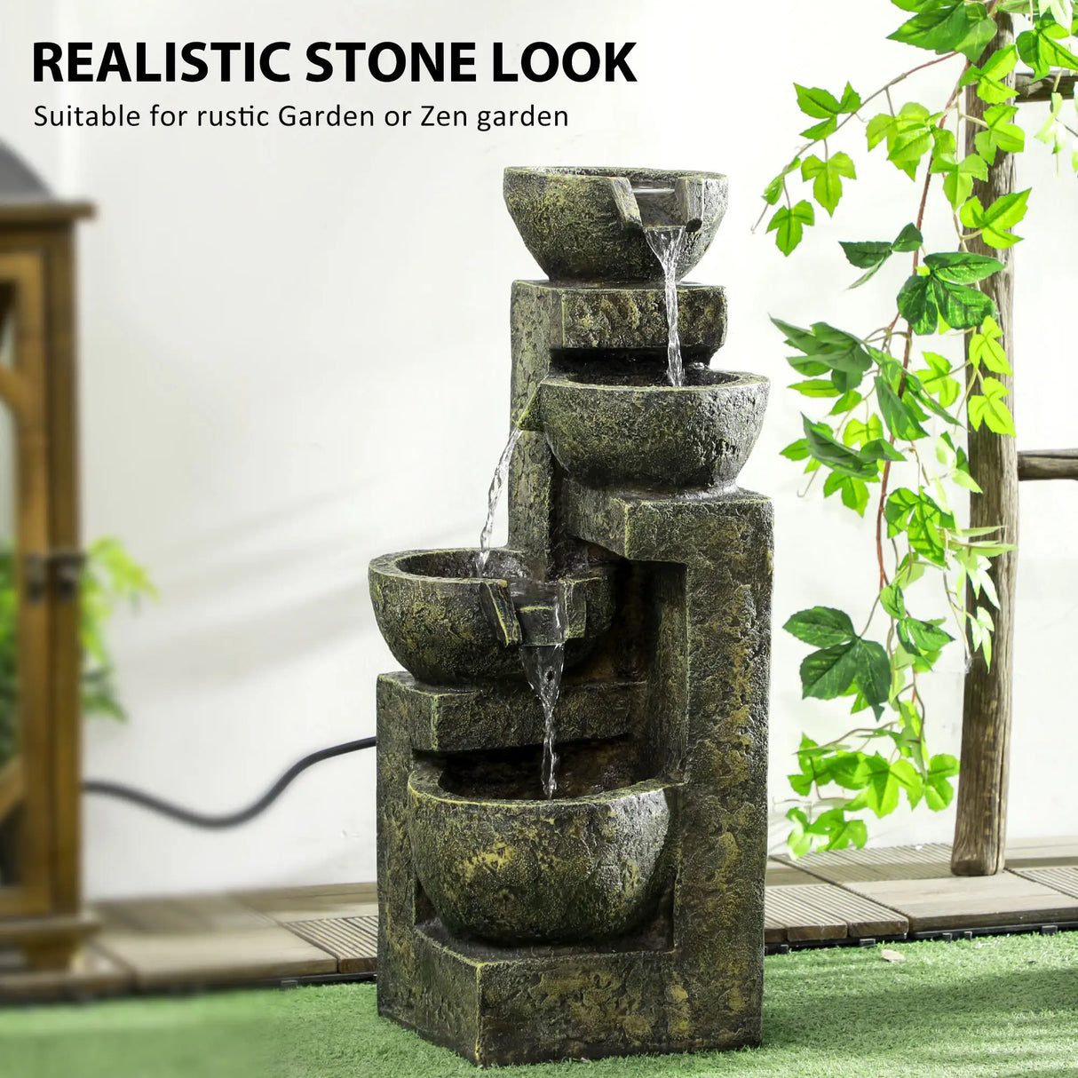 Outsunny Garden Water Feature Waterfall Fountain with 4-Tier Stone Look Bowls, Adjustable Flow