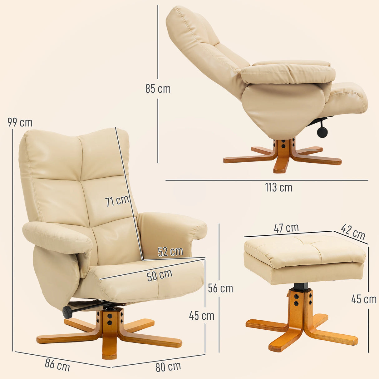 HOMCOM PU Leather Swivel Recliner Chair with Footstool, Wooden Base and Storage for Living Room, Beige