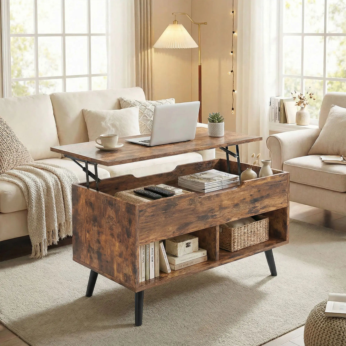 HOMCOM Lift Top Coffee Table with Hidden Storage Living Room Table Metal Legs 75 cm Rustic Brown