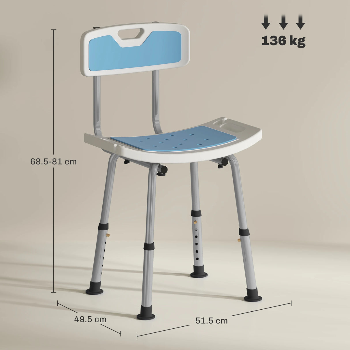 HOMCOM Shower Stool with Backrest, Height Adjustable Shower Chair with Anti-slip Foot Pads, Shower Head Holder, Light Blue