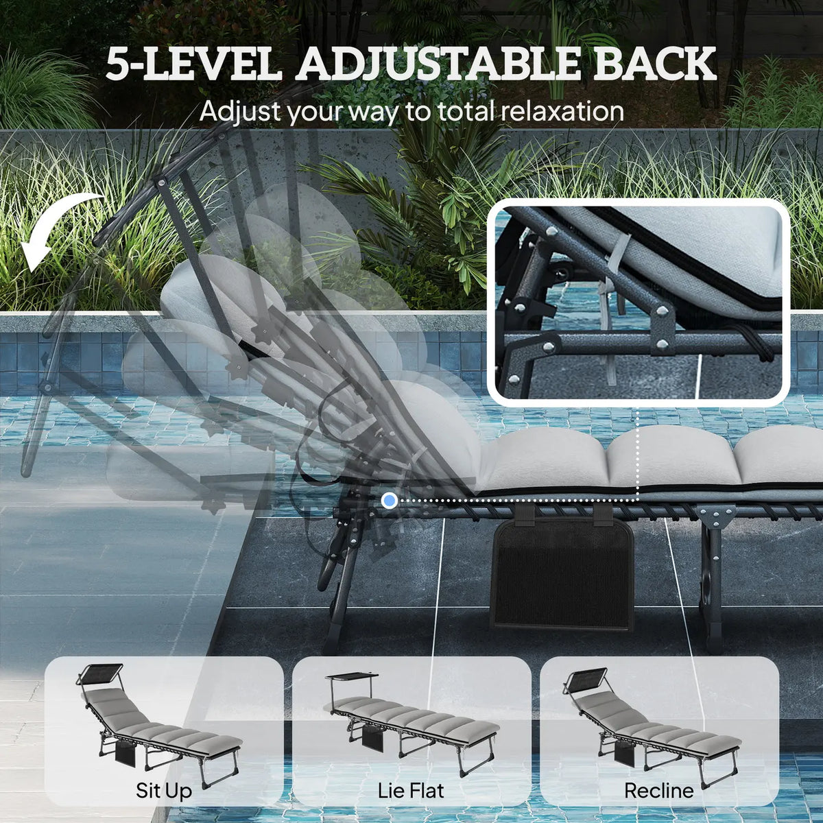 Outsunny Folding Sun Lounger with Canopy, Reclining Sunbed with Cushion, Side Pocket, Carrying Handle, Light Grey