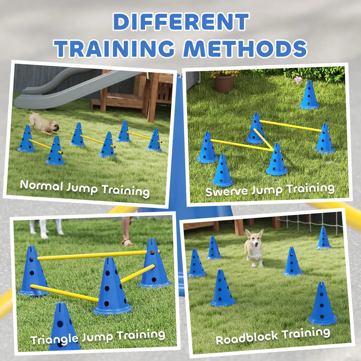 PawHut Dog Agility Equipment Set of Six Cones, Six Poles with Carry Bag, Three-Piece Adjustable Height Jumping Obstacles, Blue