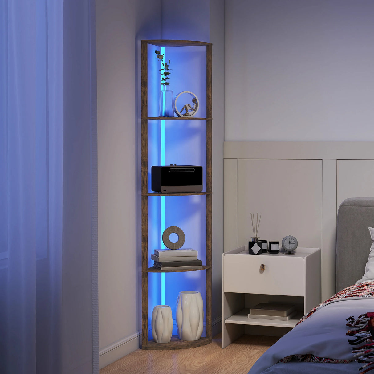 HOMCOM RGB LED Floor Lamp with Shelves, 5-Tier Dimmable Standing Lamp with Adjustable Brightness and Remote Control, Modern Corner Display Shelf Unit for Living Room Bedroom Office, Rustic Brown