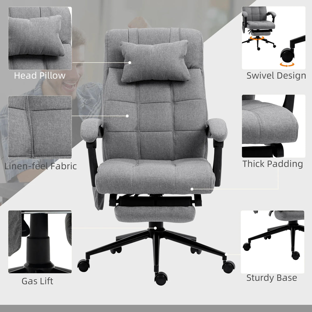 Vinsetto Office Chair with 6-point Vibration Massage and Heat, Computer Chair with Adjustable Height, Head Pillow, Footrest for Home, Grey