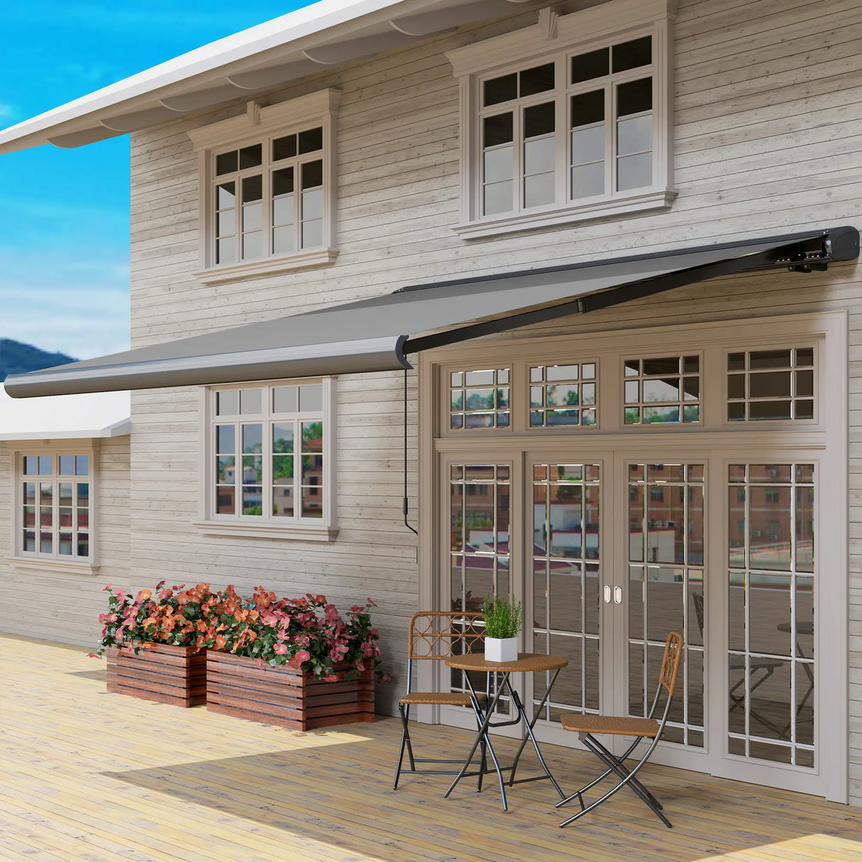 Outsunny 3.5 x 3 m Electric Awning with Remote Controller, Aluminium Frame DIY Retractable Awning, UV50+ Sun Shade Canopy for Garden Patio Deck Door Window, Light Grey