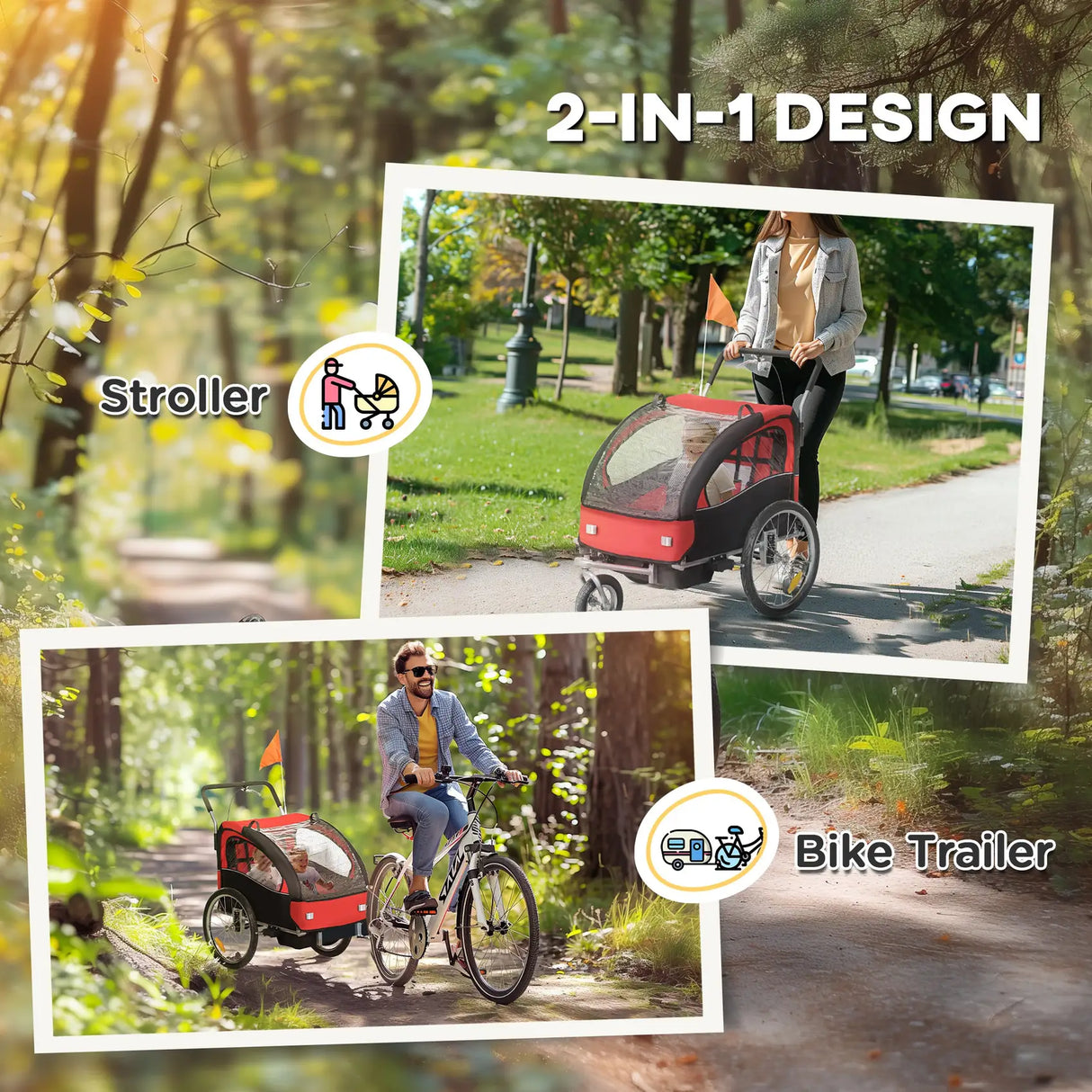 HOMCOM 2 Seat Bike Trailer with 5 Point Harness, Baby Bike Stroller with Safety Flag, Reflectors, for 18+ Months, Red