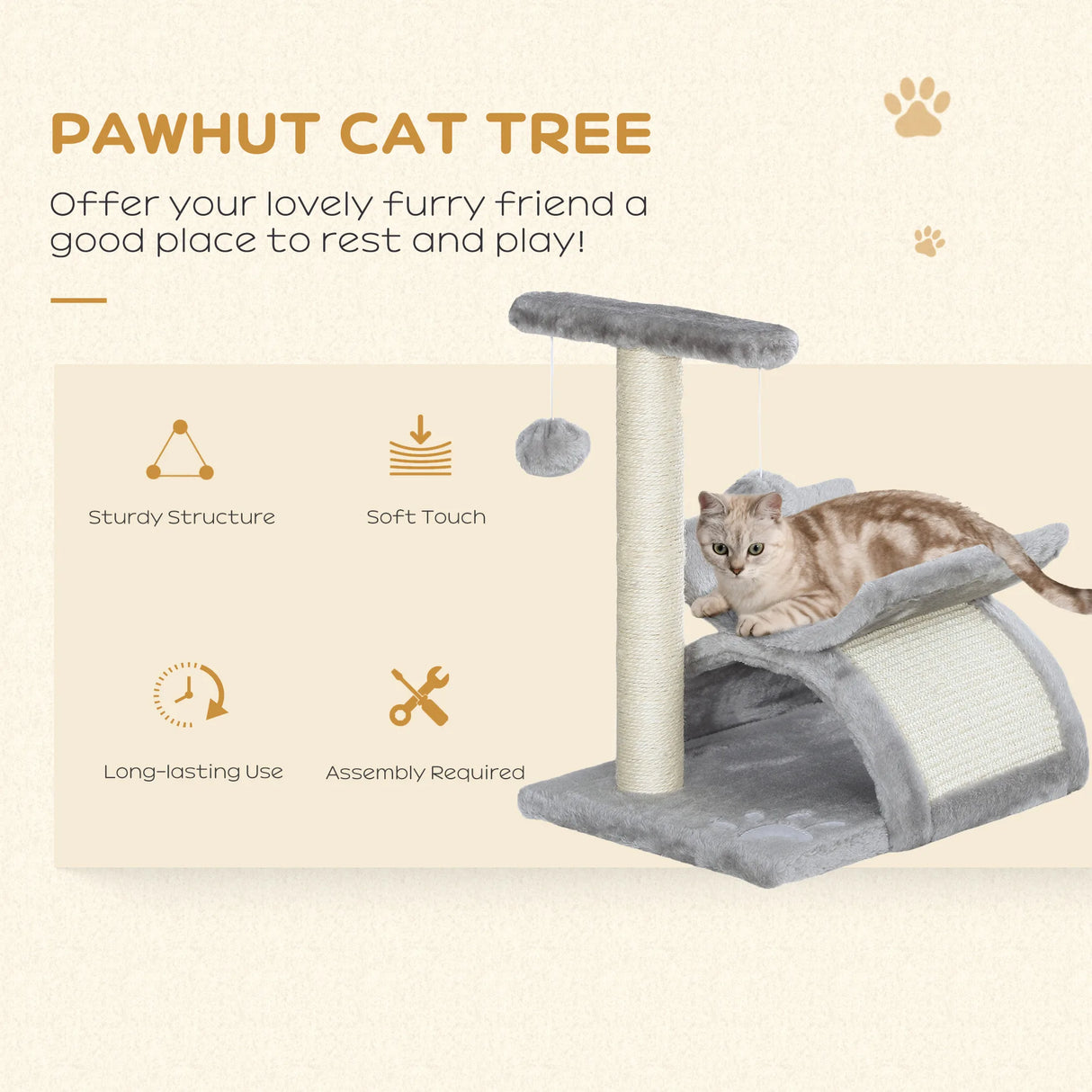 PawHut Cat Tree, Cat Tower for Kittens with Rotatable Top Bar, Sisal Scratching Post, Tunnel, Dangling Balls - Grey