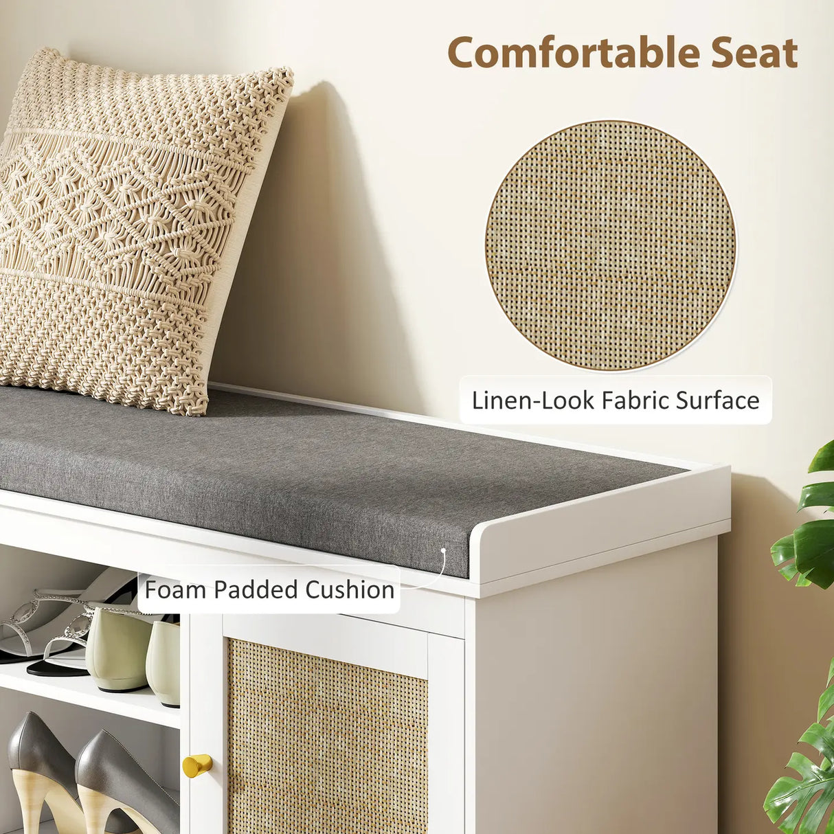 HOMCOM Boho Shoe Storage Bench with Padded Cushion and Rattan Doors - White