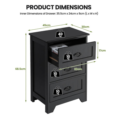 3-Drawer Vintage Bedside Table with Metal Handles & Anti-toppling Device-Black