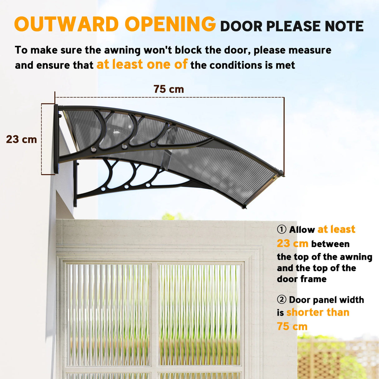 Outsunny Front Door Canopy Outdoor Awning Aluminium Rigid Plastic Polycarbonate Rain Shelter UV Water Rain Resistant 100 x 75cm Black