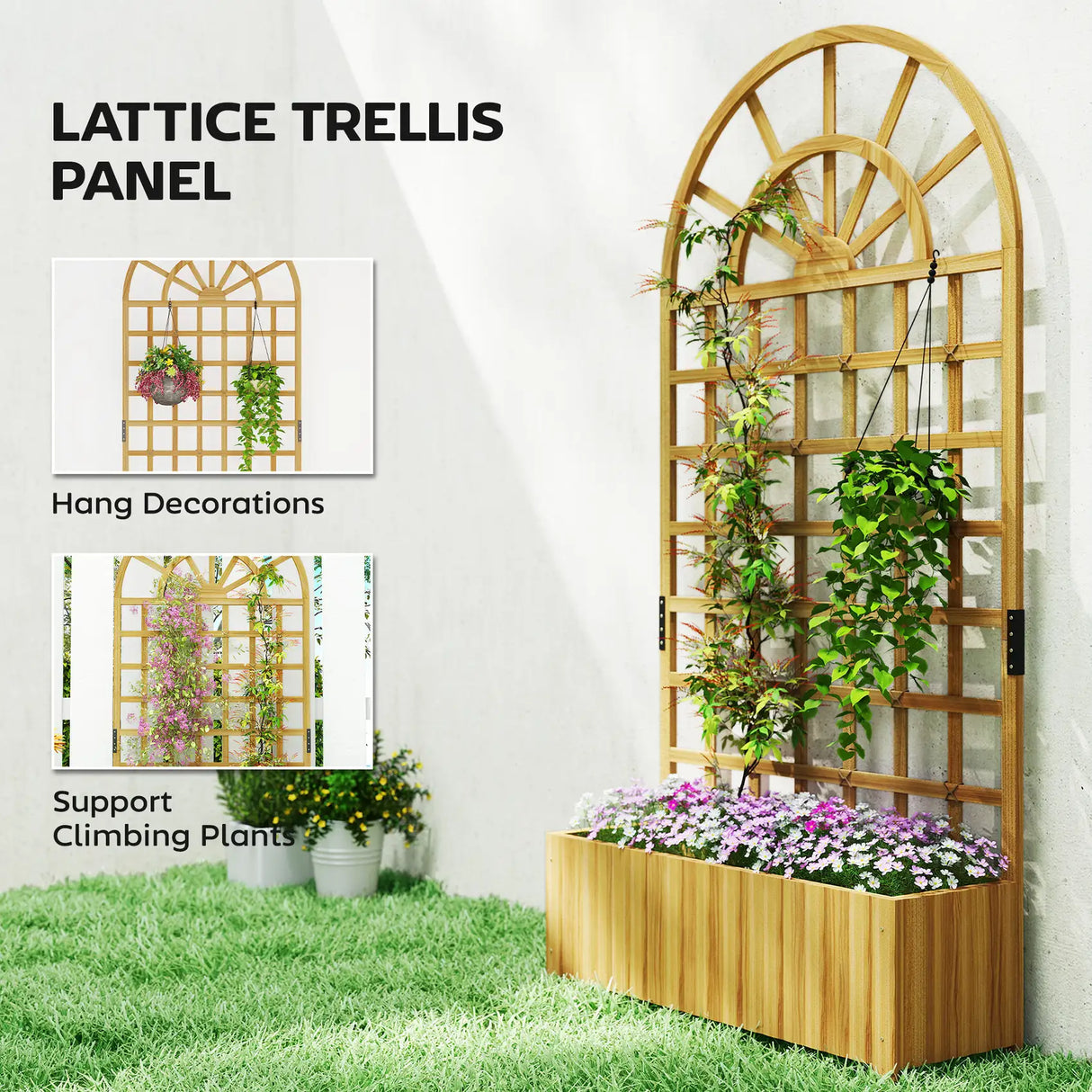 Outsunny Wooden Raised Planter with Trellis, Raised Bed for Garden with Lattice and Drainage Holes for Climbing Plants