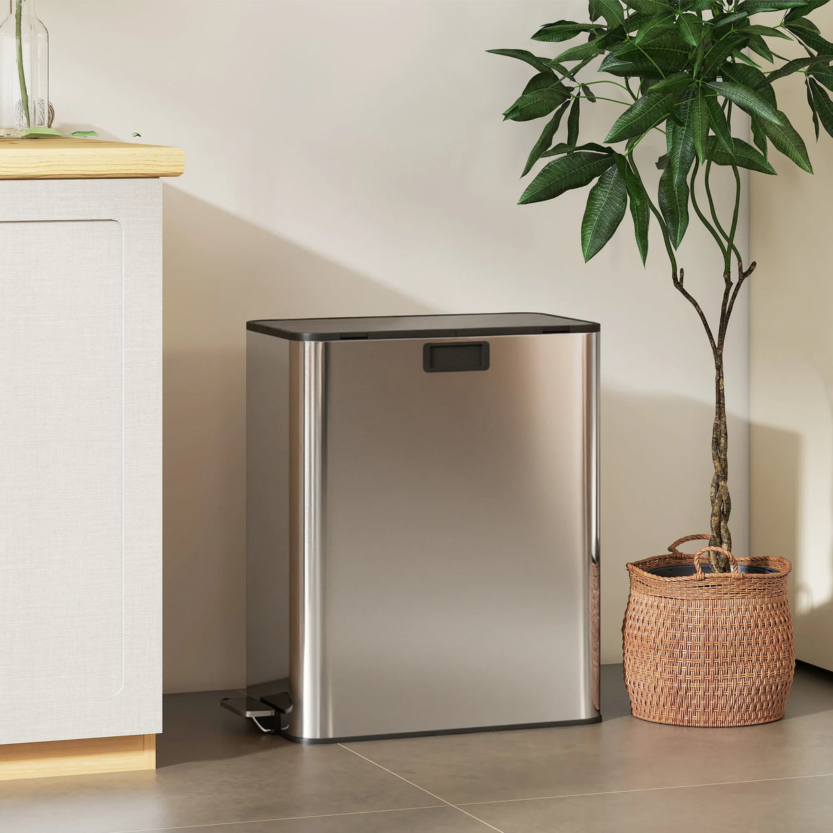 HOMCOM Dual Kitchen Bin with Soft-Close Butterfly Lid, 2 x 28L Stainless Steel Pedal Bin with Removable Inner Buckets, Fingerprint-Proof for Recycling and Waste, Silver Tone