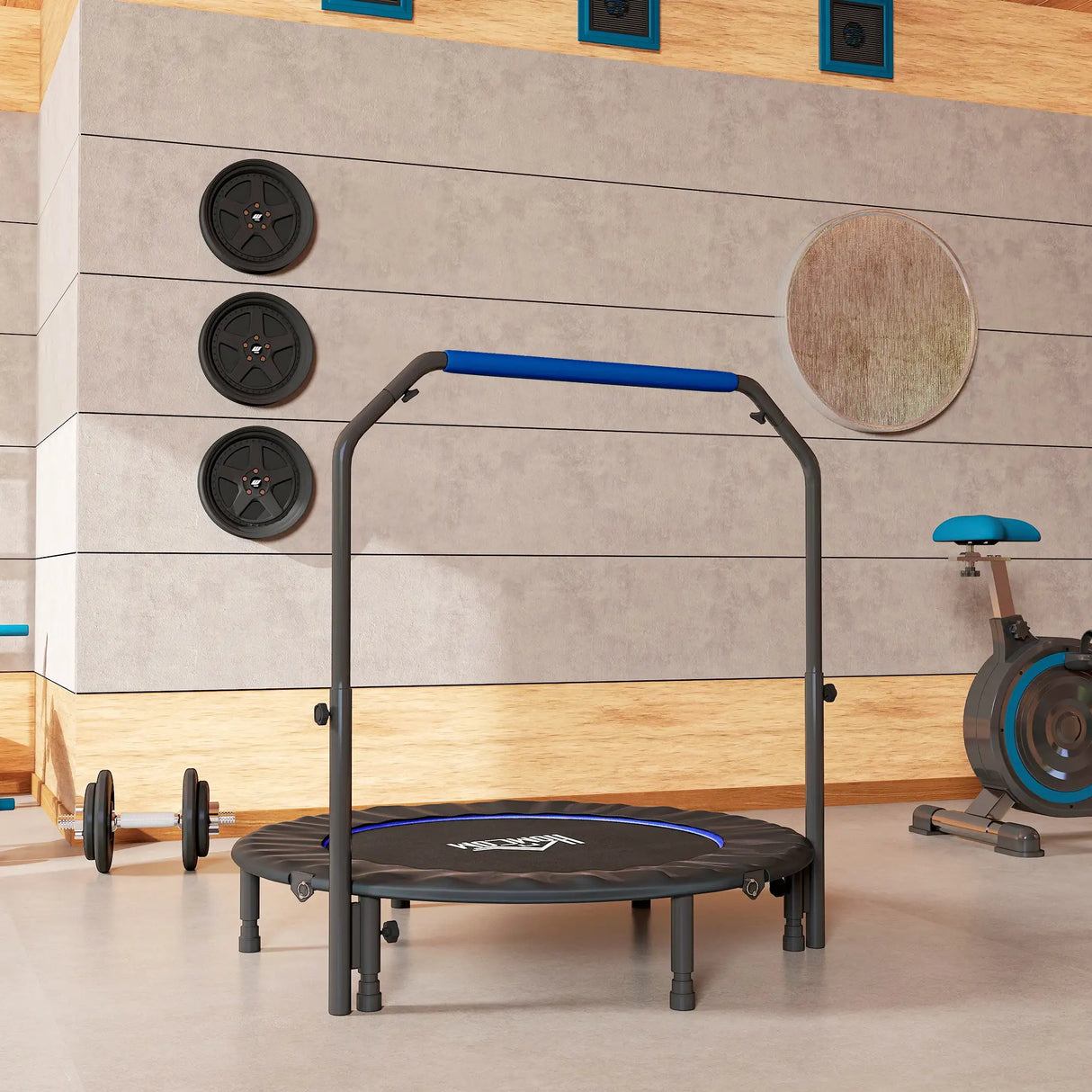 HOMCOM 48" Foldable Mini Fitness Trampoline, with Adjustable Foam Handle, Blue