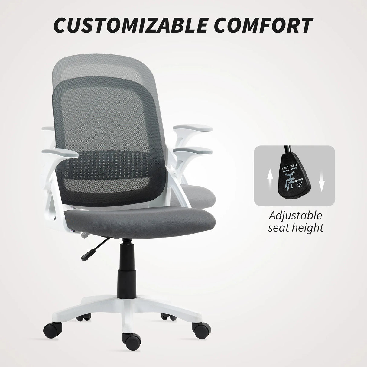 HOMCOM Breathable Mesh Office Chair, Ergonomic Swivel Computer Chair with Flip-up Armrests, Lumbar Back Support for Home/Office, Grey