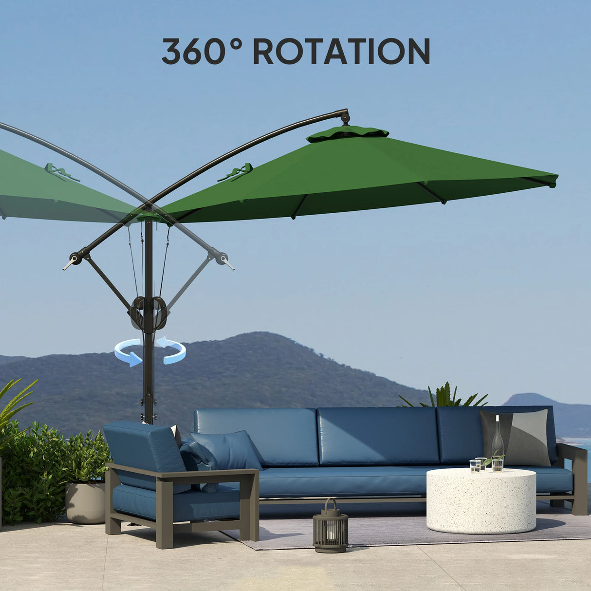 Outsunny 3(m) Garden Cantilever Parasol with Cover and Wind Protection Strap, Round Overhanging Umbrella with Crank Handle and Tilt, Banana Patio Umbrella for Outdoor Sun Shade, UPF50+, Green