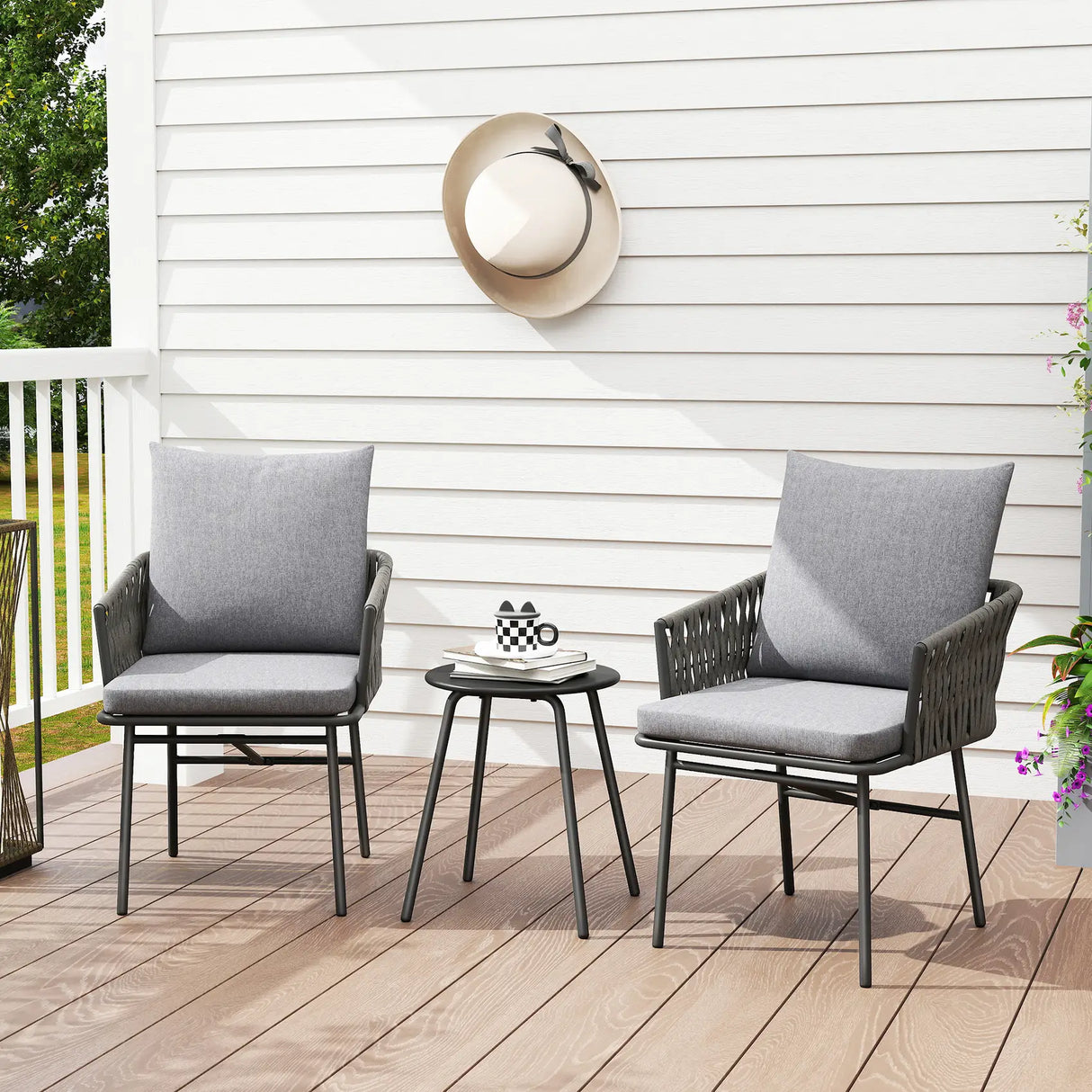 Outsunny 3-Piece Rattan Bistro Set, Garden Table and Chairs with 4 Cushions, Patio Rattan Conversation Furniture Set for Balcony, Porch, Terrace, Grey