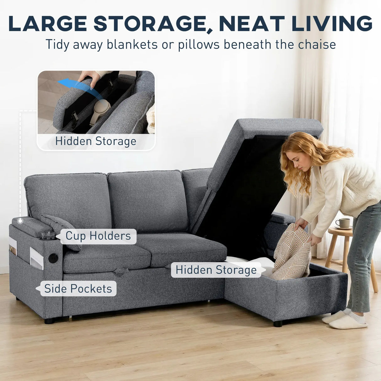 HOMCOM Corner Sofa Bed, L Shaped Sleeper Sectional Sofa with Reversible Storage Chaise, Grey