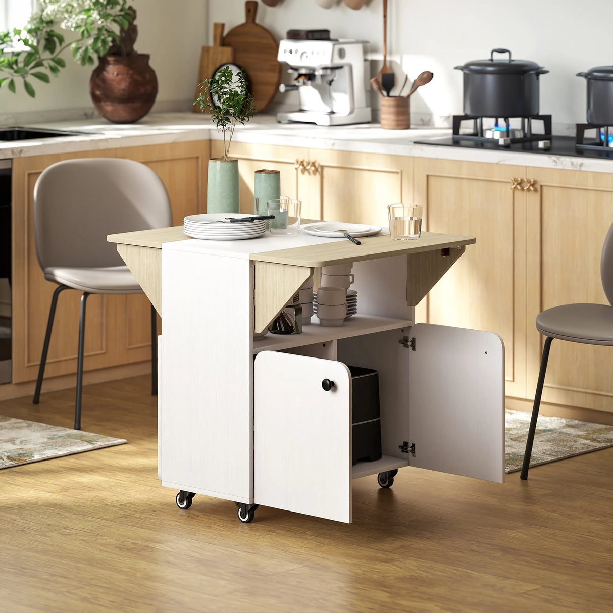 HOMCOM Folding Dining Table, Rolling Drop Leaf Table with Hidden Shelf & Cabinet for Dining Room, Small Spaces, White