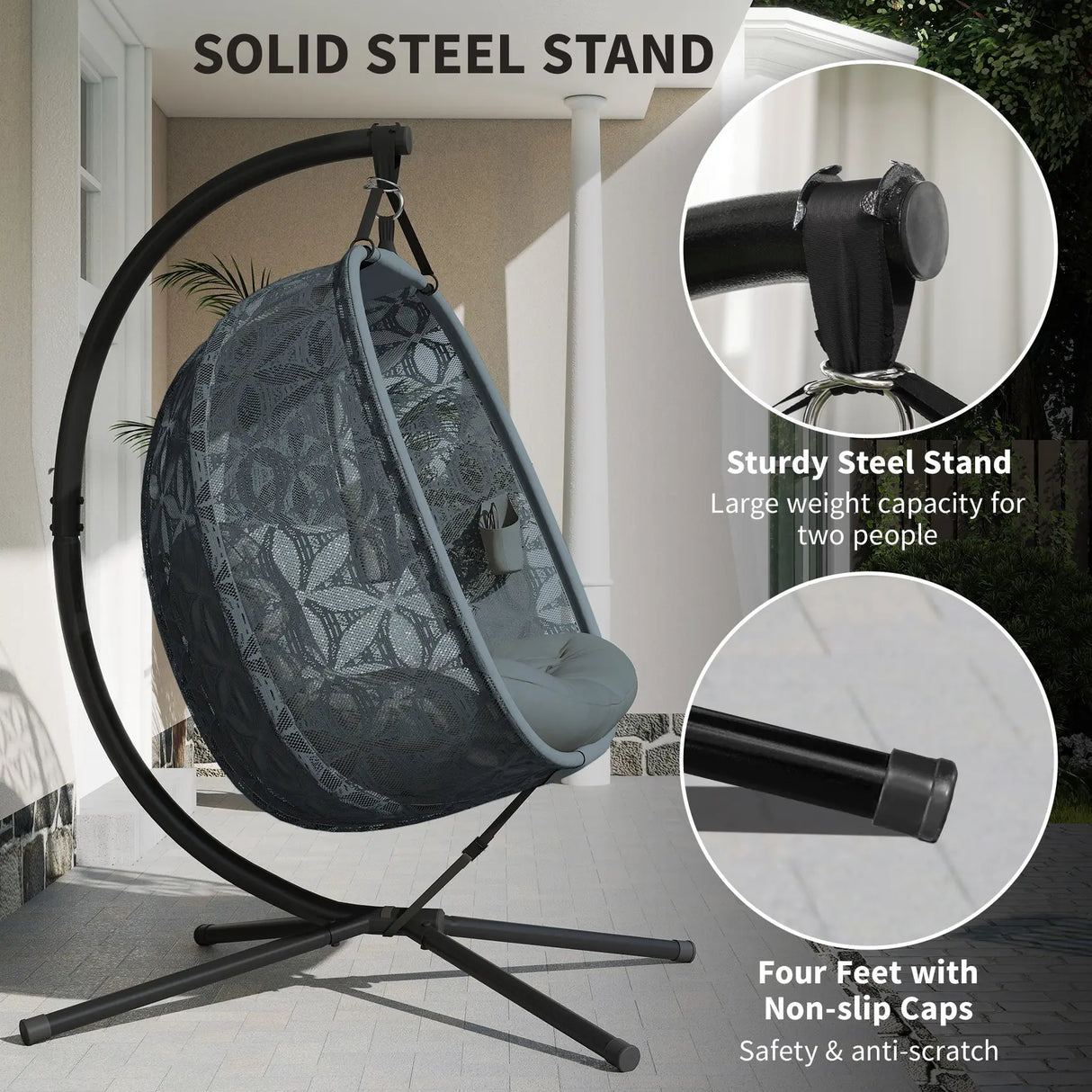 Outsunny Outdoor Double Hanging Chair with Cushion and Cup Holders, Charcoal Grey