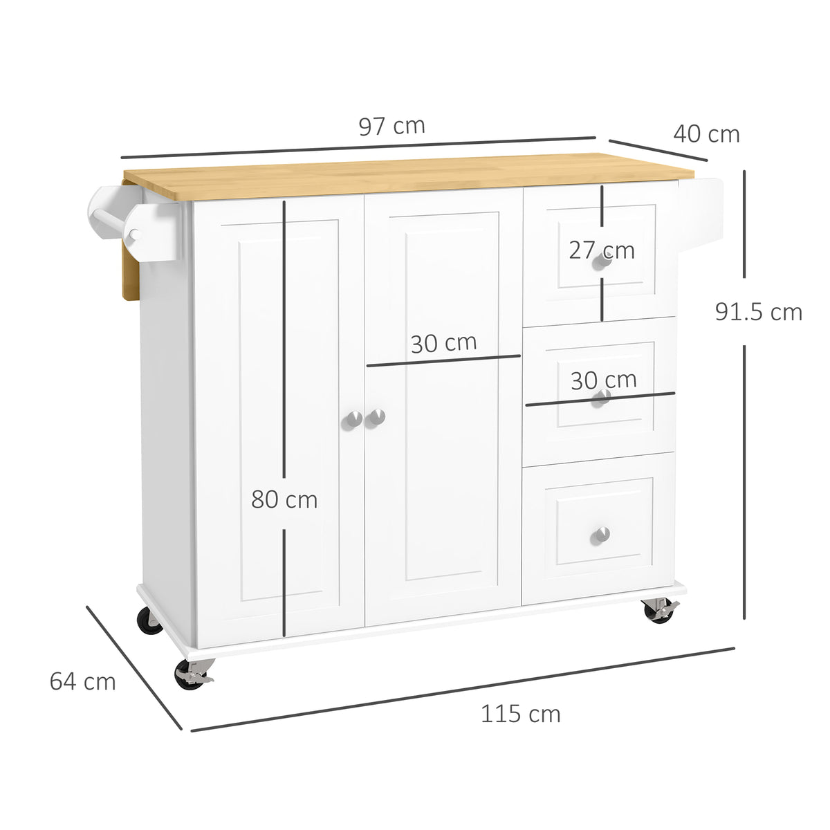 HOMCOM Kitchen Island with Drop Leaf, Rolling Kitchen Storage Trolley on Wheels with 3 Drawers, Spice Rack and Towel Rack, Storage Cart with Rubber Wood Top, White