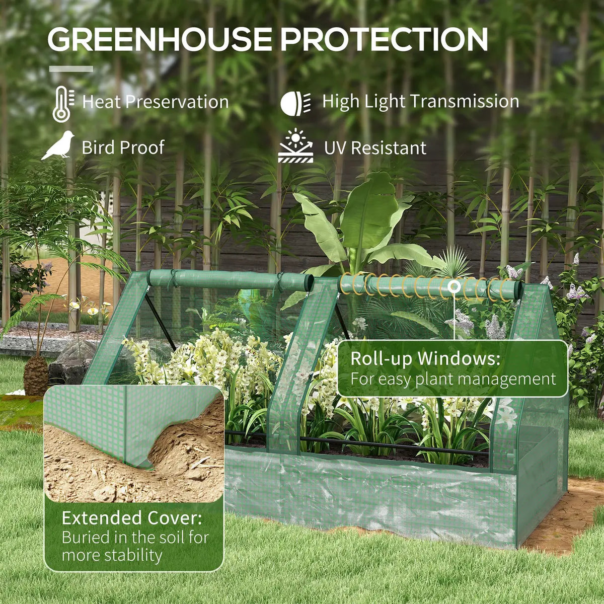 Outsunny Metal Planter Box with Cover, Raised Garden Bed with Greenhouse, for Herbs and Vegetables, Green and Dark Grey