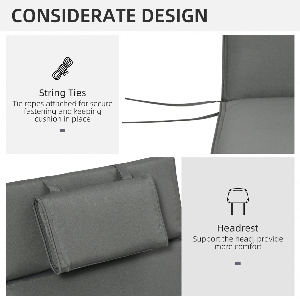 Outsunny Garden Sun Lounger Cushion Replacement Soft Sunbed Reclining Chair Relaxer Pad with Pillow, Cushion ONLY - Grey