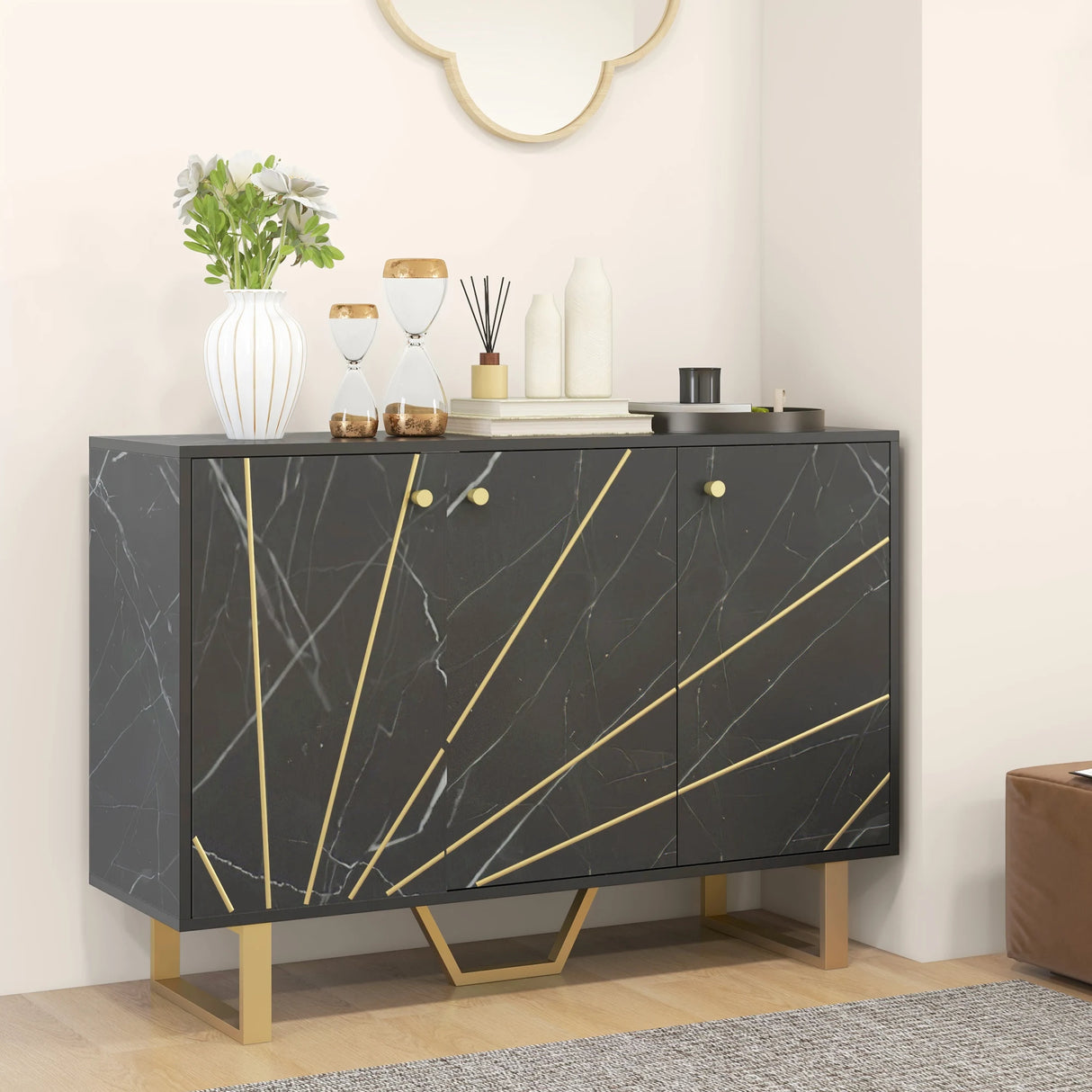 HOMCOM Sideboard Storage Cabinet, Modern Storage Cupboard with Adjustable Shelves and Metal Legs for Living Room, Kitchen, Dining Room, Entryway, Black Marble Tone