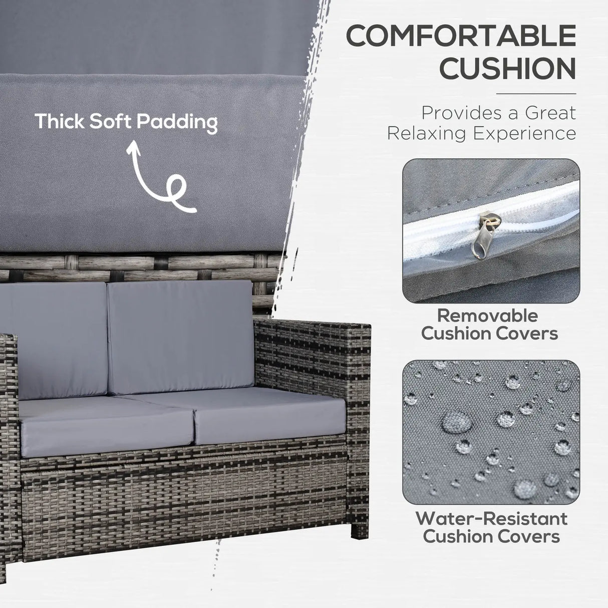 Outsunny Rattan Sofa, 2 Seater Garden Furniture with Soft Padded Cushion and Armrests, Wicker Garden Loveseat for Patio, Mixed Grey