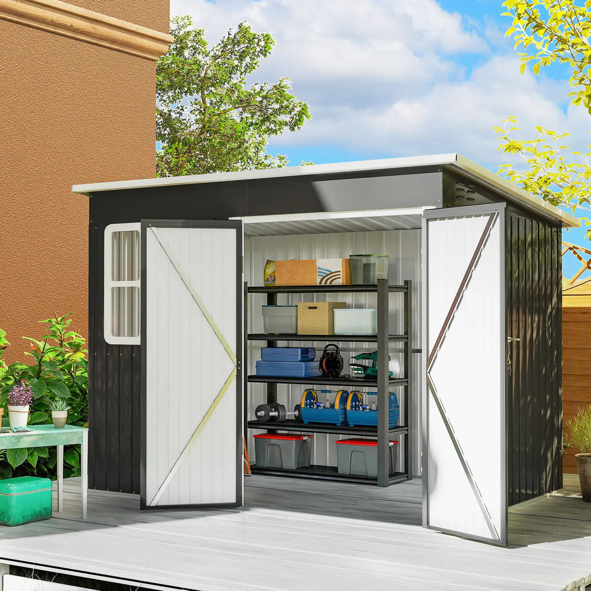 Outsunny 8.5 x 6ft Storage Shed Galvanised Steel Garden Shed, Metal Shed with Foundation Kit, Window, Lockable Wide Doors and Air Vents for Outdoor Patio, Dark Grey