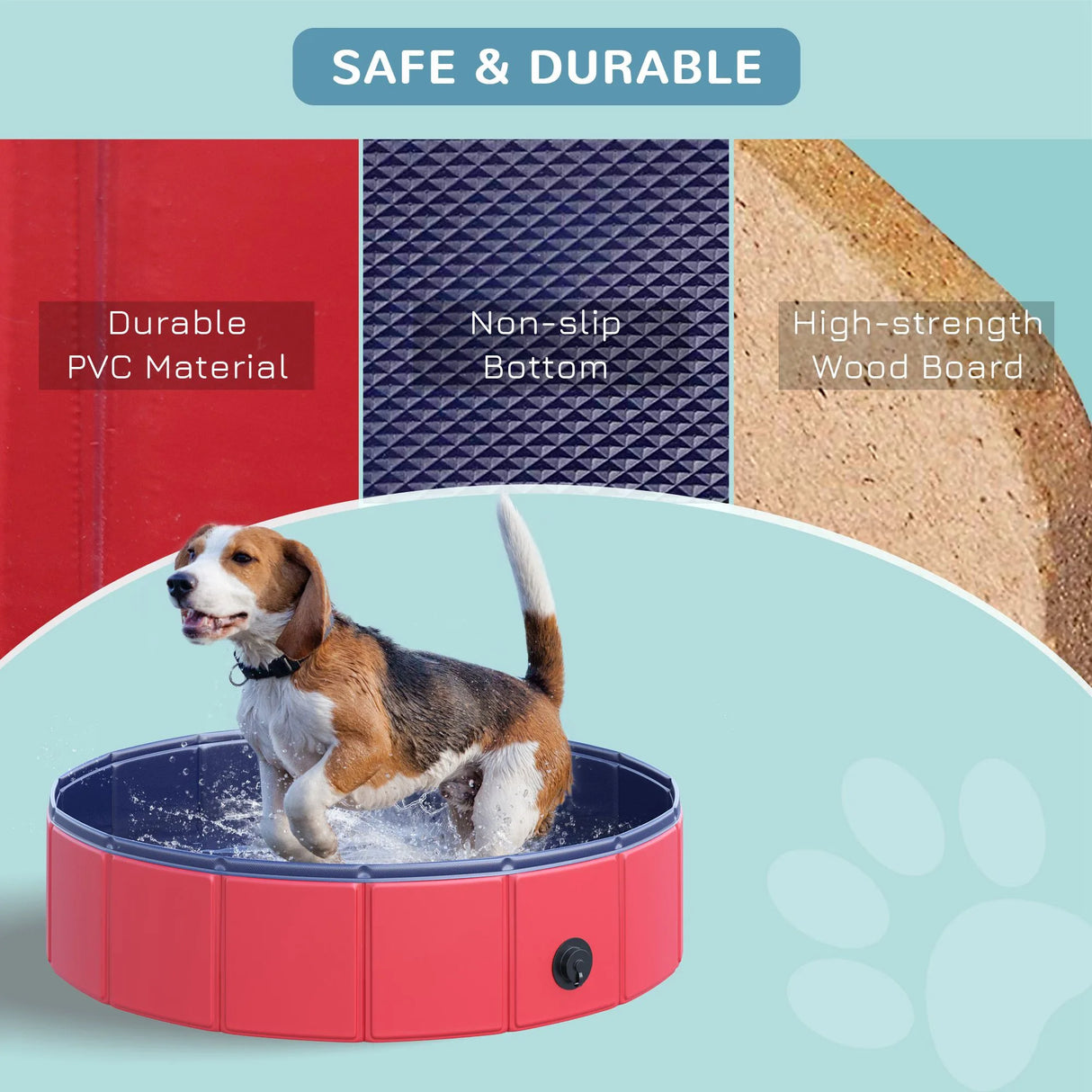 PawHut Foldable Dog Pool, 80 x 20 cm Pet Paddling Pool with Wood Board Support and Anti-Slip Bottom, Portable Doggy Paddling Pool for Garden and Outdoor Use, Red