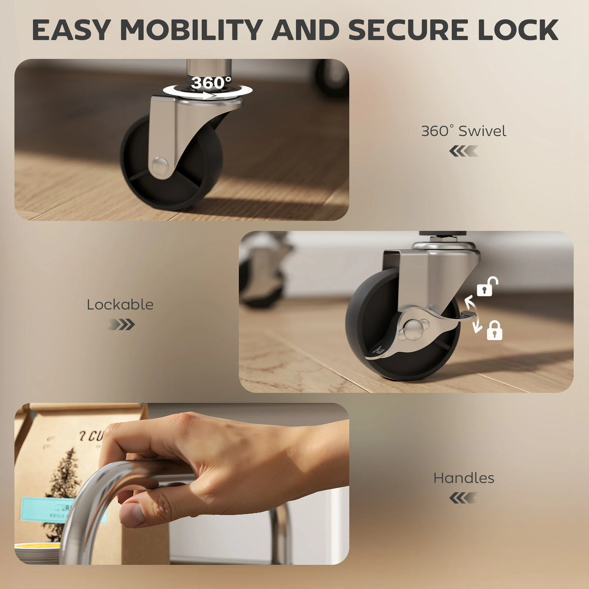 HOMCOM 3 Tier Stainless Steel Kitchen Storage Trolley with Adjustable Shelf - Silver