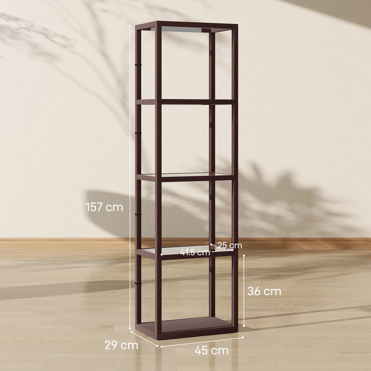 HOMCOM LED Floor Lamp with Glass Shelves, 4 Layers Dimmable Tall Standing Lamp, Modern Column Shelf Floor Light for Living Room, Bedroom, Office, Dark Brown