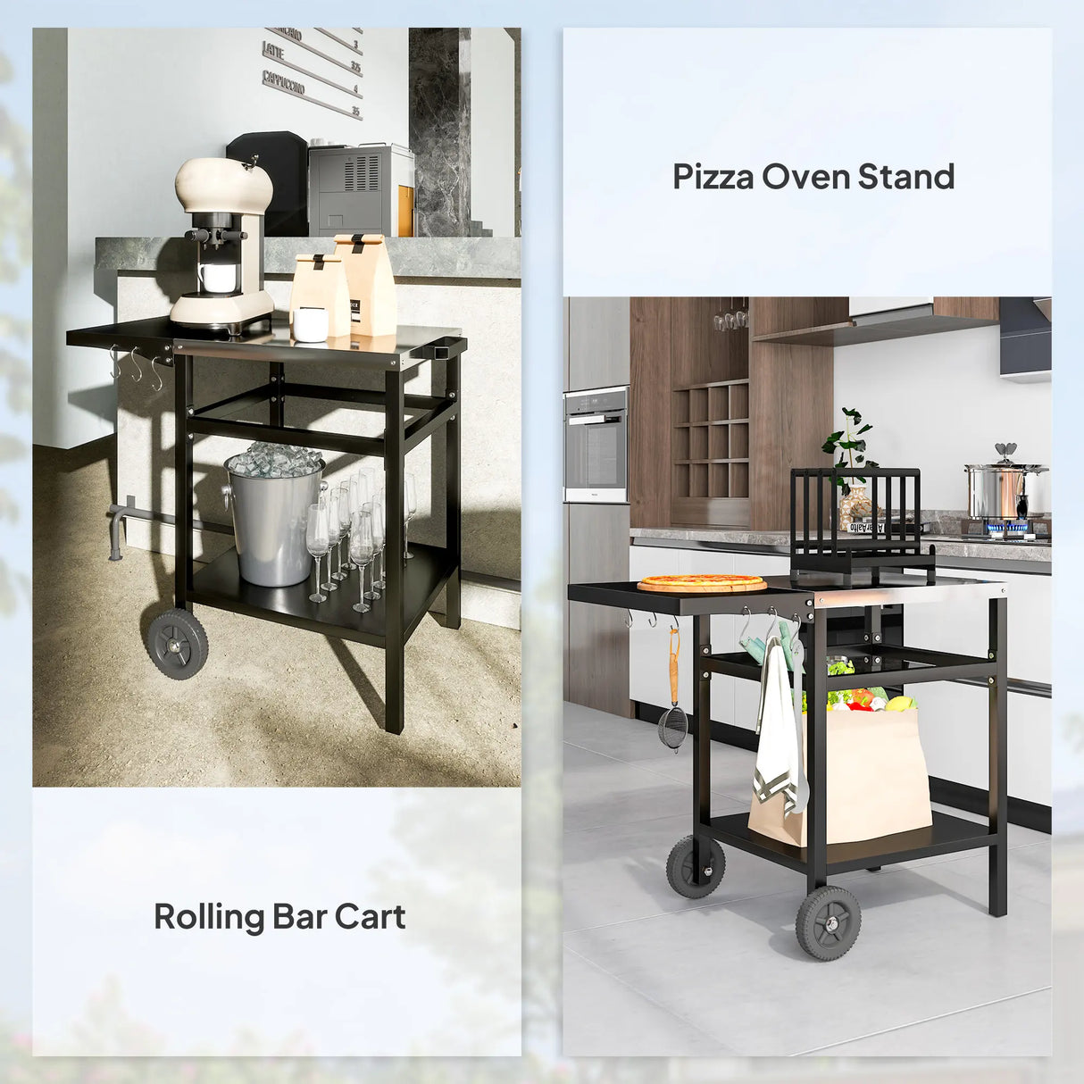 Outsunny BBQ Trolley with Stainless Steel Top and Foldable Side Table, Outdoor Kitchen Barbecue Station with Hooks and Shelf, Pizza Oven Table Movable Outdoor Grill Dining Cart with Cover, Black