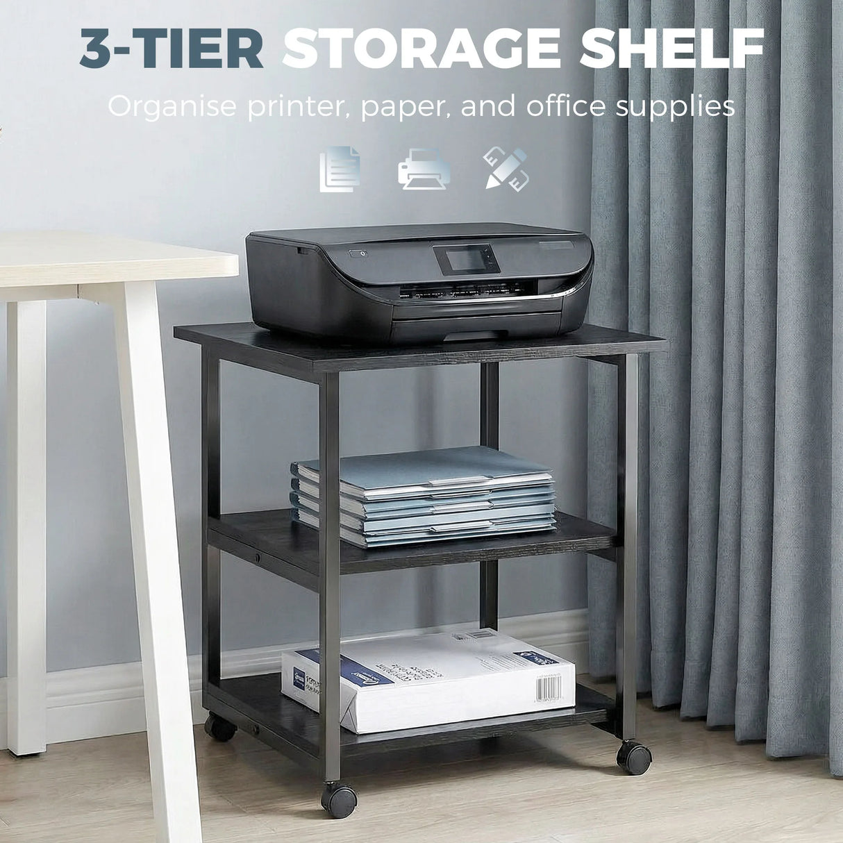 HOMCOM Three-Tier Steel Printer Stand, with Wheels - Black