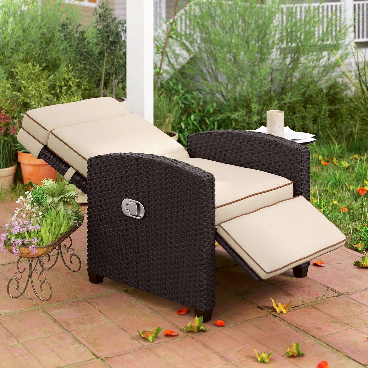 Outsunny 145 Reclining Rattan Armchair, with Footrest - Brown/Khaki