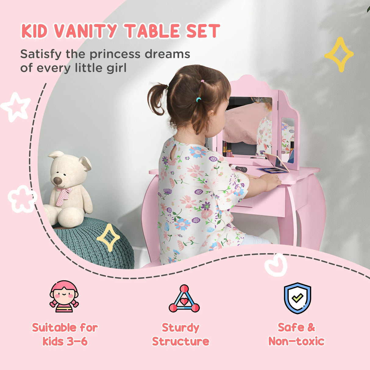 HOMCOM Kids Vanity Table and Chair Set with Tri-Folding Mirror and Stool, Makeup Dressing Table with Drawer, Pink