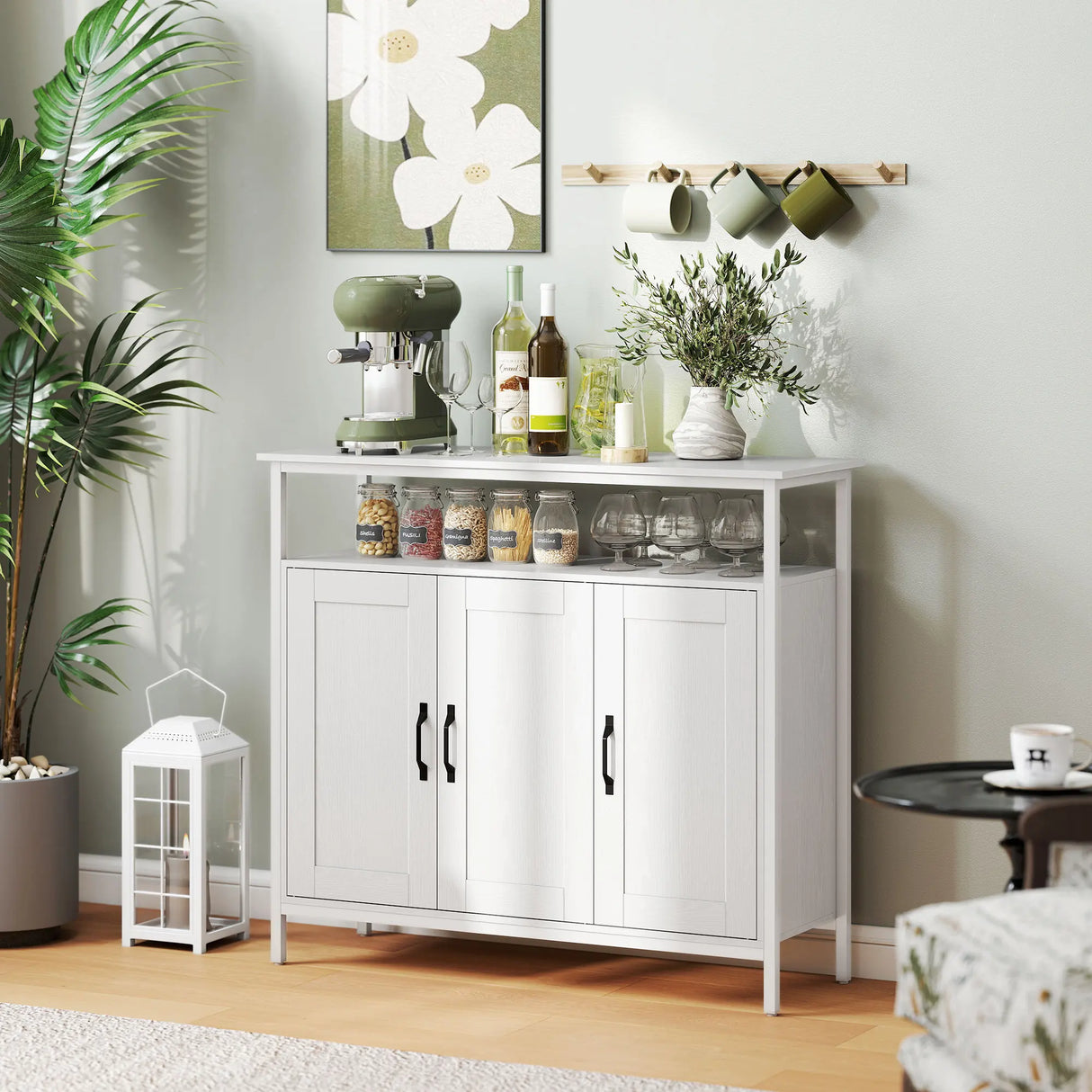 HOMCOM Industrial Kitchen Sideboard with Open Shelf, 2 Cabinets, Adjustable Shelves for Living Room, Dining Room, White