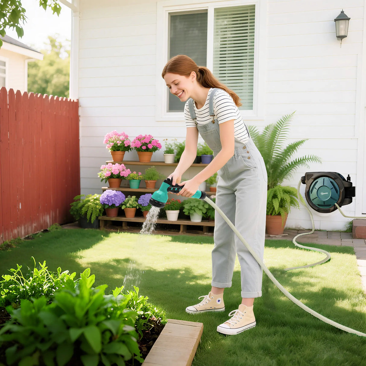 Outsunny Retractable Hose Reel Wall Mounted, 20+2m Garden Hose Pipe Reel with Lock, Auto Rewind, 7 in 1 Spray Nozzle, Includes Wall Fixings, 180 Swivel, Outdoor Watering, 54 x 20 x 39 cm, Black