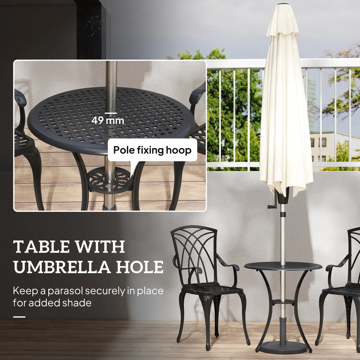 Outsunny 3 Pieces Garden Dining Set for 2, Cast Aluminium Outdoor Dining Set with 2 Armchairs and Round Dining Table with Parasol Hole, Garden Furniture Set, Brown