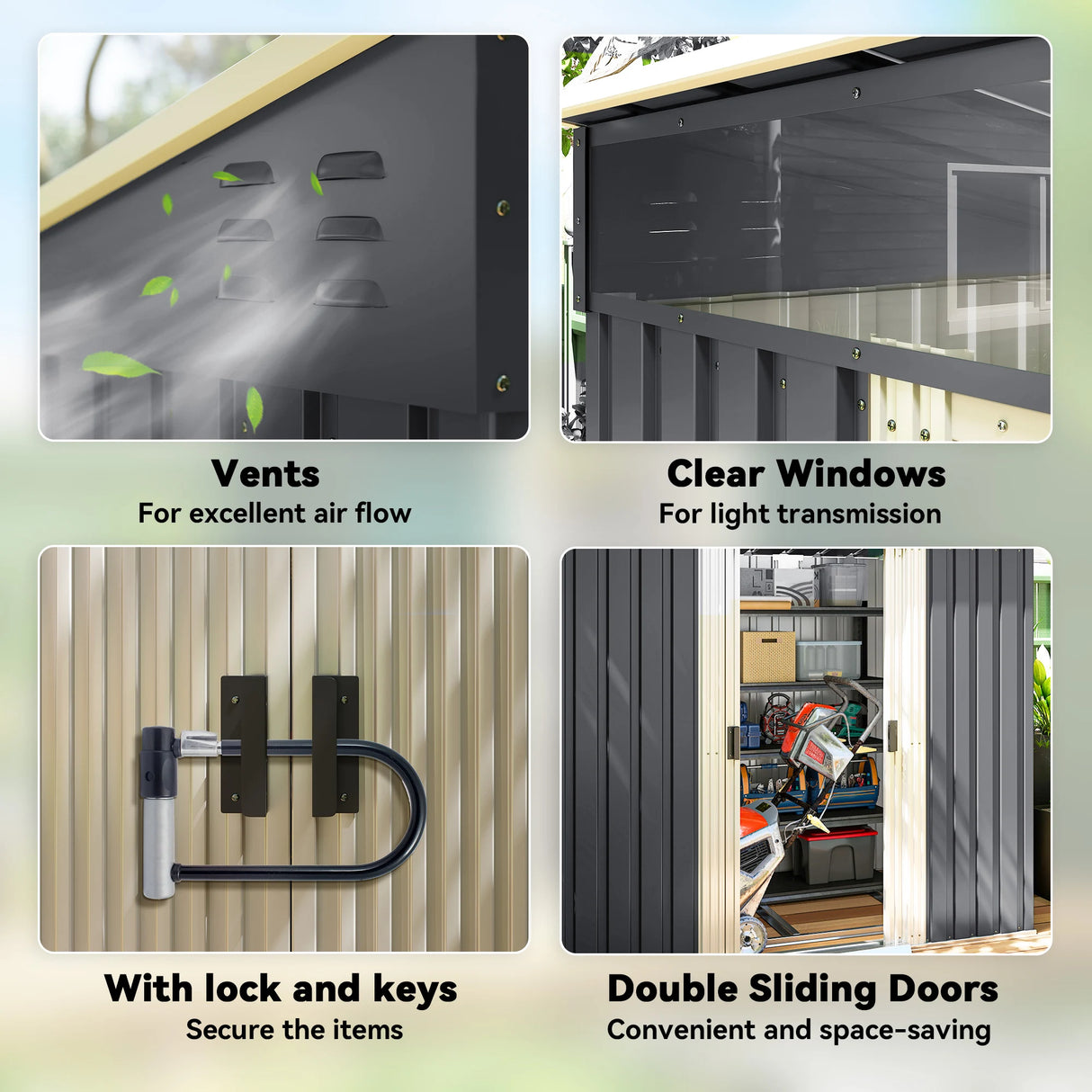 Outsunny 6.5 x 4FT Galvanised Metal Shed with Foundation Kit, Lockable Tool Garden Shed with Double Sliding Doors, Vents, Grey