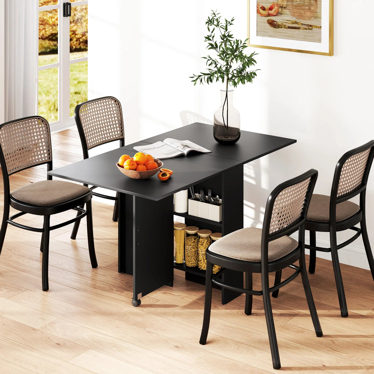 HOMCOM Foldable Dining Table, Extendable Drop Leaf Table with 2-tier Shelves, Small Dinner Table with Rolling Casters