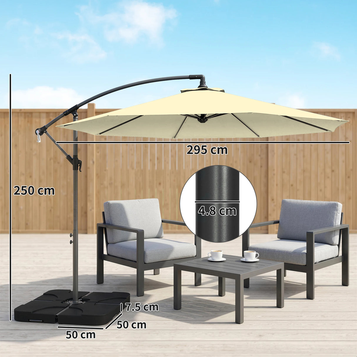 Outsunny 3m Overhanging Parasol, with Base, Weights and Cover - Sand brown