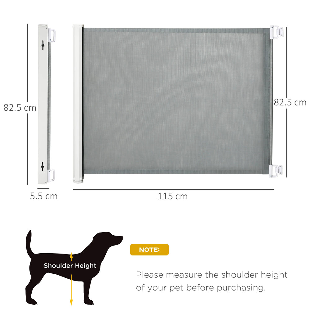 PawHut Retractable Stair Gate for Dogs, Pet Mesh Safety Gate Extends up to 115cm for Doorways Indoor- Grey